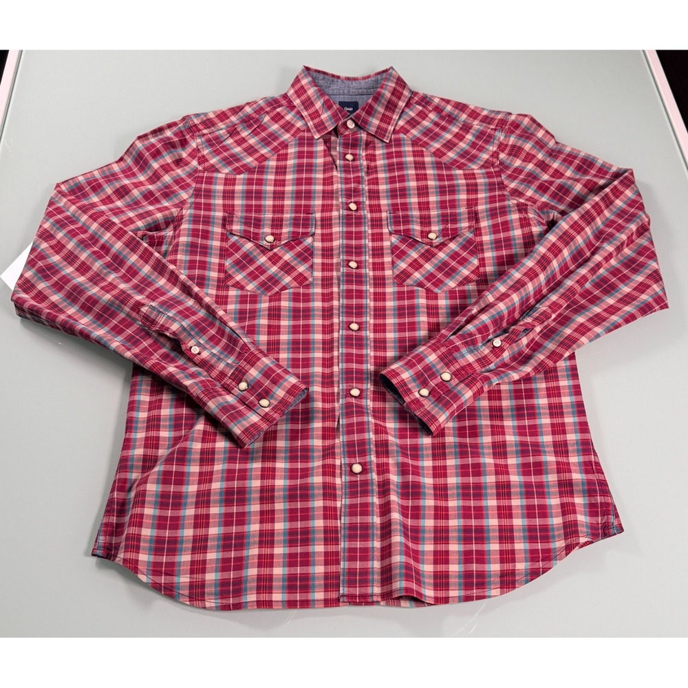 GAP Western Style Shirt Mens S Red, Teal‎ Blue, White Plaid Pearl Snap DadCore